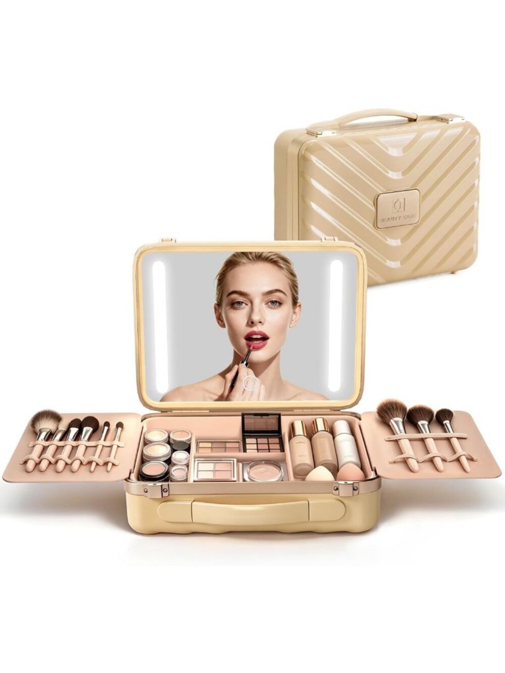 LED Makeup Travel Case with Lighted Mirror, Stylish Gold Organizer for Beauty